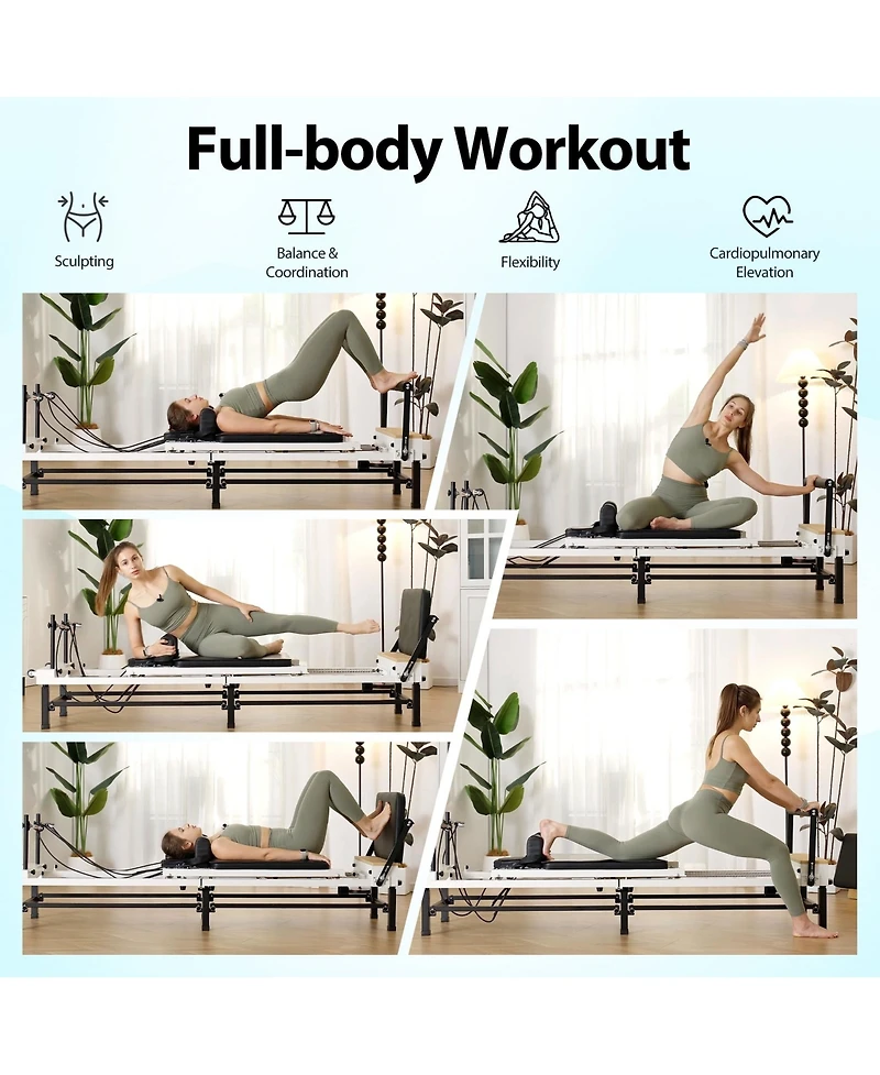 Mikolo 91" Adjustable Height Pilates Reformer – Piano Wire Springs, Jump Board, Foldable Design