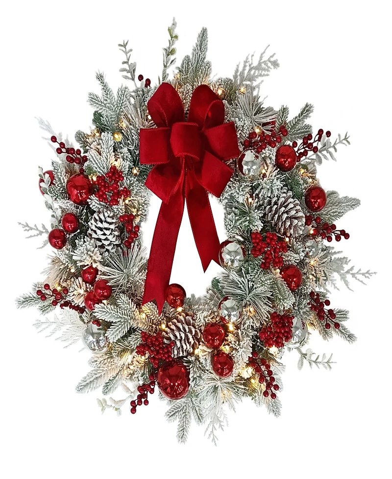 Puleo International 26" Pre-Lit Decorated Flocked Wreath