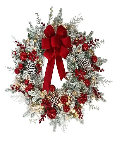 Puleo International 26" Pre-Lit Decorated Flocked Wreath