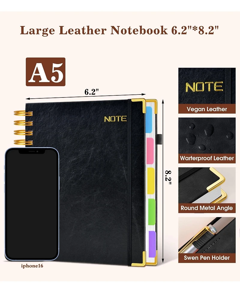 Danrong 5 Subject Spiral Notebook College Ruled Removable Dividers Thick Paper Hardcover