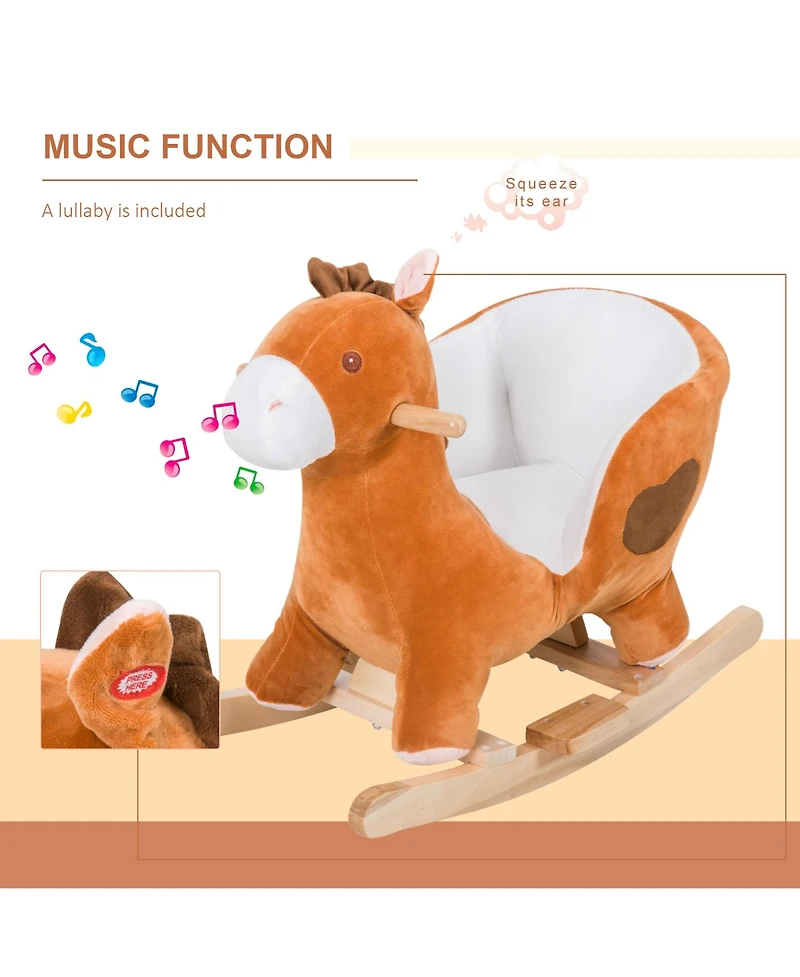 Glintex 12V Kids Electric Ride-On Horse with Sounds, Carrot Toy, Comb, Foot Pedal, Seat Storage, and Battery Power for Ages 1.5-3, Brown