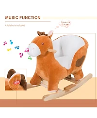 Glintex 12V Kids Electric Ride-On Horse with Sounds, Carrot Toy, Comb, Foot Pedal, Seat Storage, and Battery Power for Ages 1.5-3, Brown