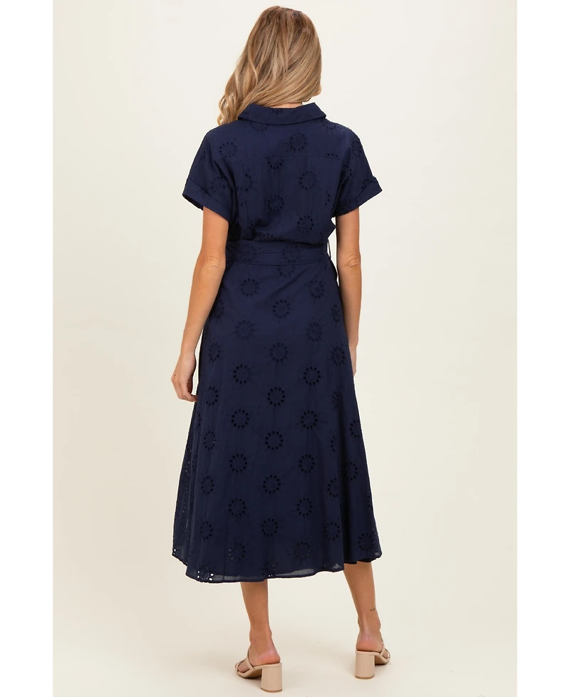 Pinkblush Women's Navy Eyelet Lace Waist Tie Shirt Dress