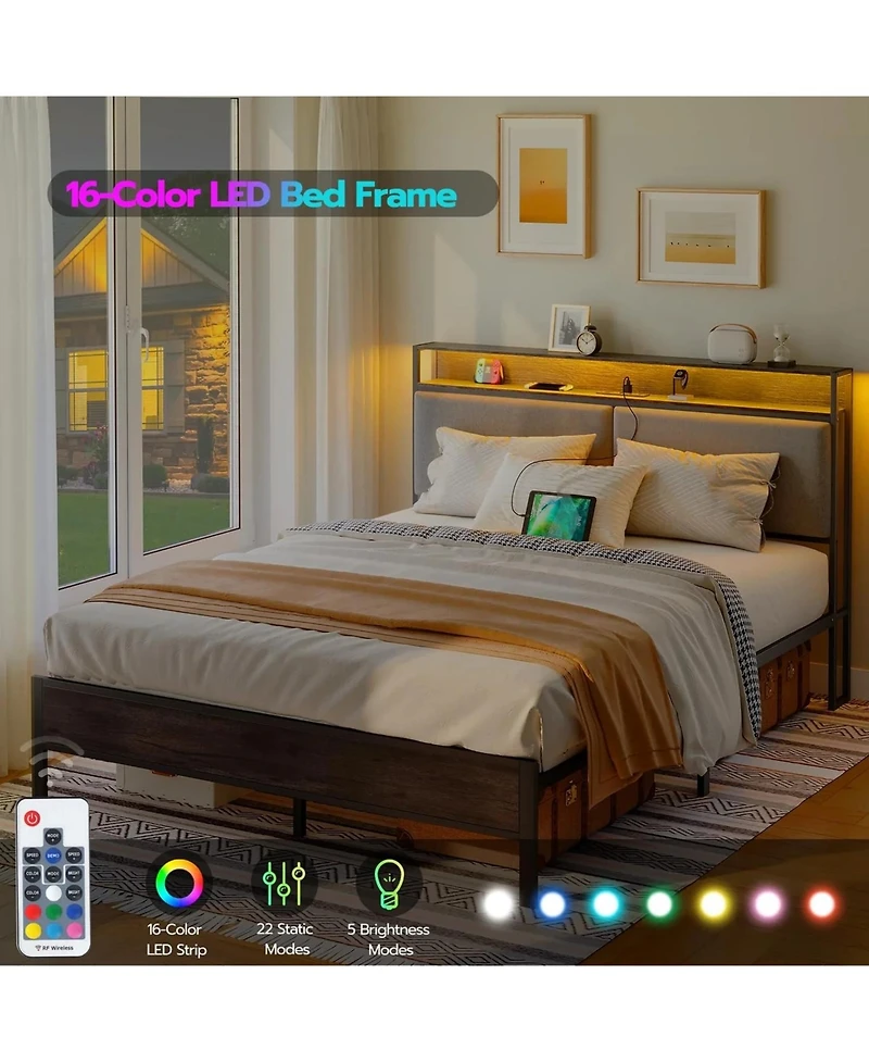 Slickblue Modern Metal Bed Frame with Storage Headboard, Led Lights