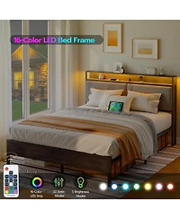 Slickblue Modern Metal Bed Frame with Storage Headboard, Led Lights