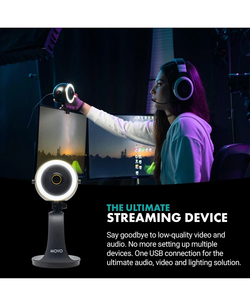 Movo WebMic Hd Pro All-in-One Webcam with Mic and Ring Light in Silver- 1080p Hd Camera, Pro Cardioid Condenser Microphone, Led Ring Light