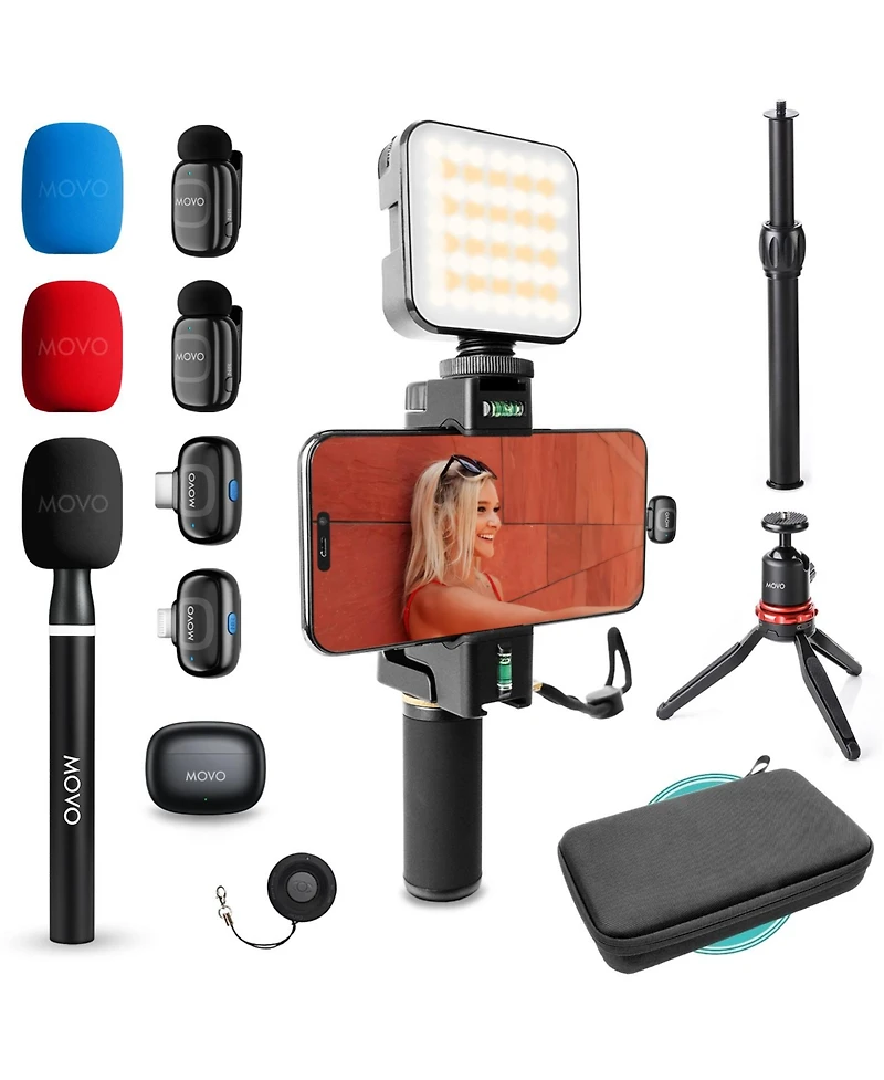 Movo iVlogger-pro Wireless Vlogging Kit for iPhone/Android with Dual Wireless Mics, Rgb Light