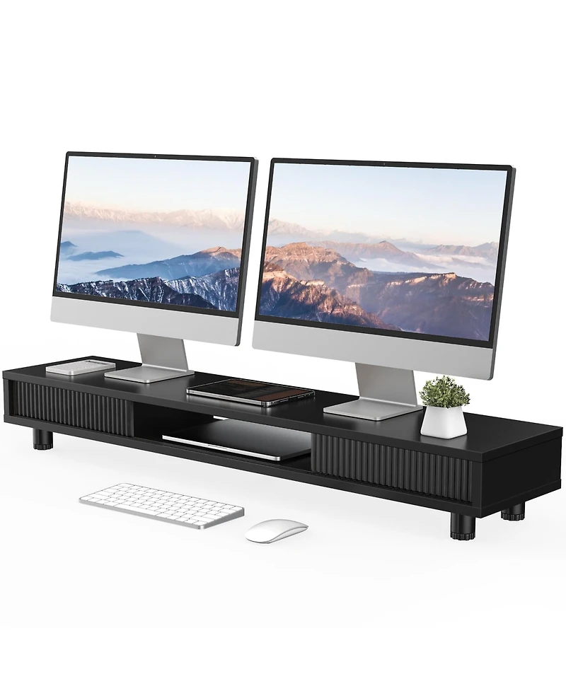 Lofree Dual Monitor Stand 2 Tier Storage Sliding Door Height Adjustable Desk Organizer