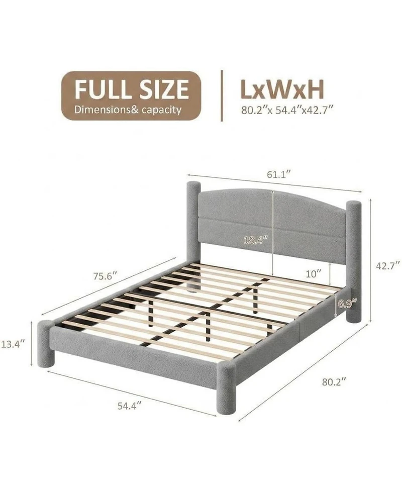 homfan Full Cloud Bed Round Boucle Headboard and Cylindrical Legs, Heavy Duty, No Box Spring, Easy Assembly