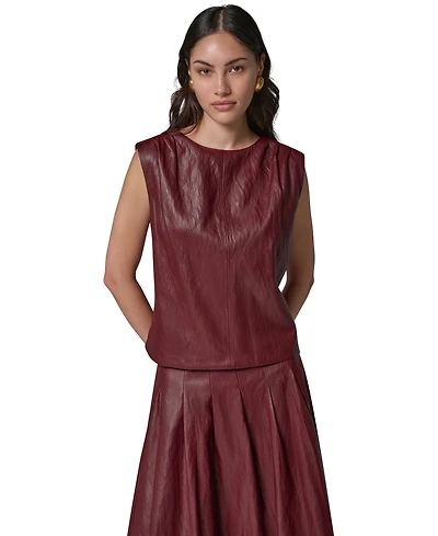 Donna Karan New York Women's Faux-Leather Sleeveless V-Back Blouse