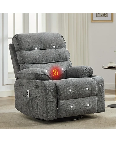 Swivel Glider Rocker Recliner With Massage and Heat, Manual Upholstered Nursing Recliner With Vibration, Side Pocket, 2 Cup Holders, For Living Room