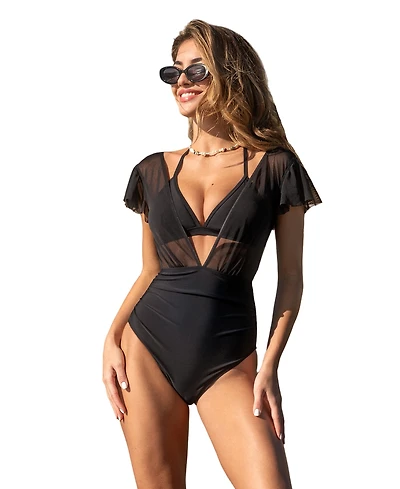 Cupshe Women's Black Two-Way Mesh Bikini Top & High-Rise Bottoms Set