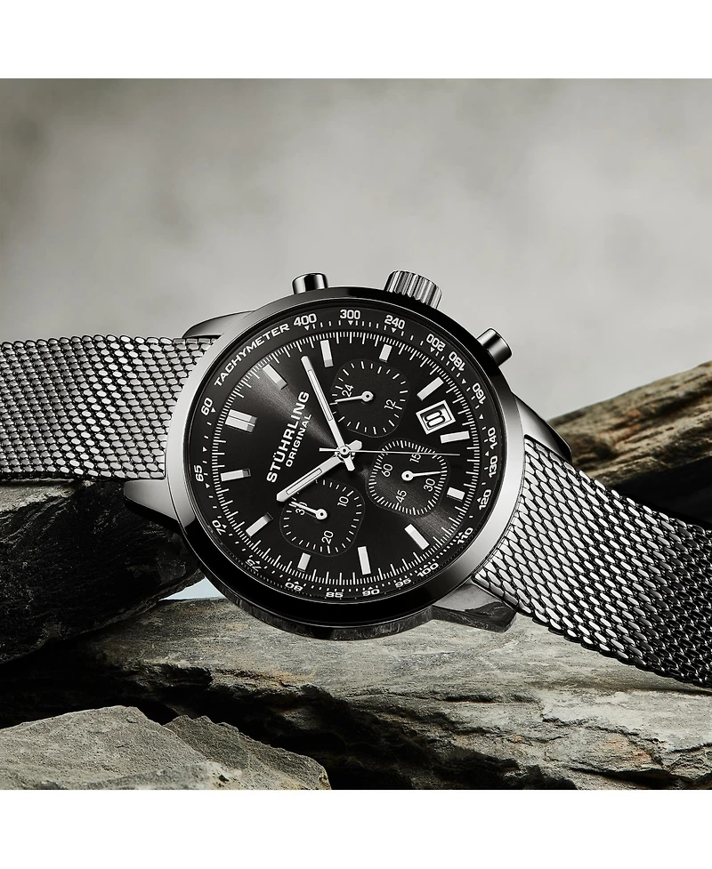 Stuhrling Chronoport 4082 Men s Quartz Chronograph Watch, 44mm Stainless Steel Mesh Bracelet