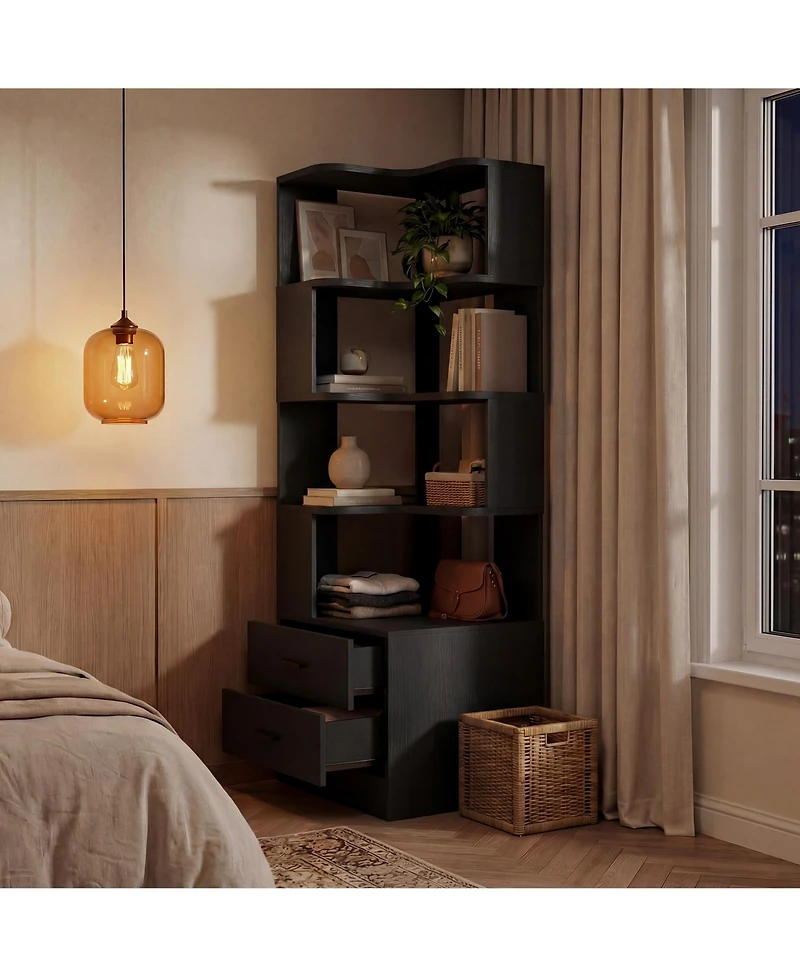 Aheaplus Small 6-Tier Corner Bookcase with 2-Drawers, BookShelf for Bedroom Storage