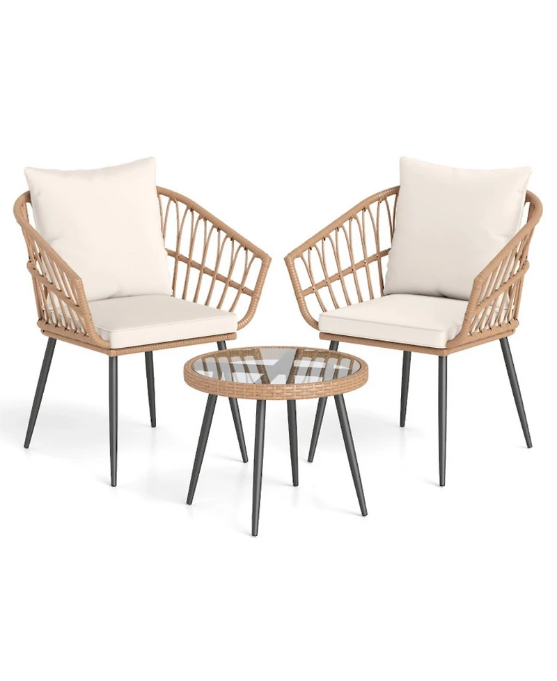 Sugift 3-Piece Patio Bistro Conversation Set with Pe Rattan Chairs and Tempered Glass Table