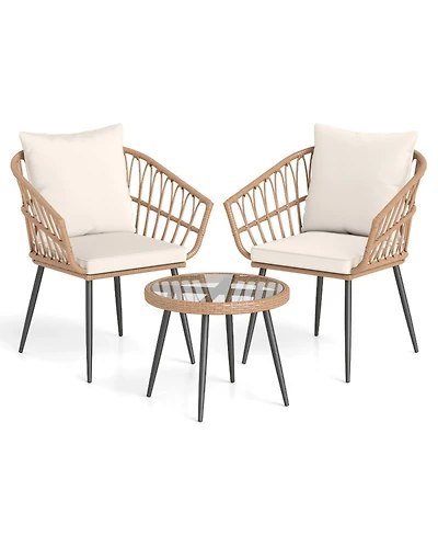 Sugift 3-Piece Patio Bistro Conversation Set with Pe Rattan Chairs and Tempered Glass Table