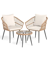 Sugift 3-Piece Patio Bistro Conversation Set with Pe Rattan Chairs and Tempered Glass Table