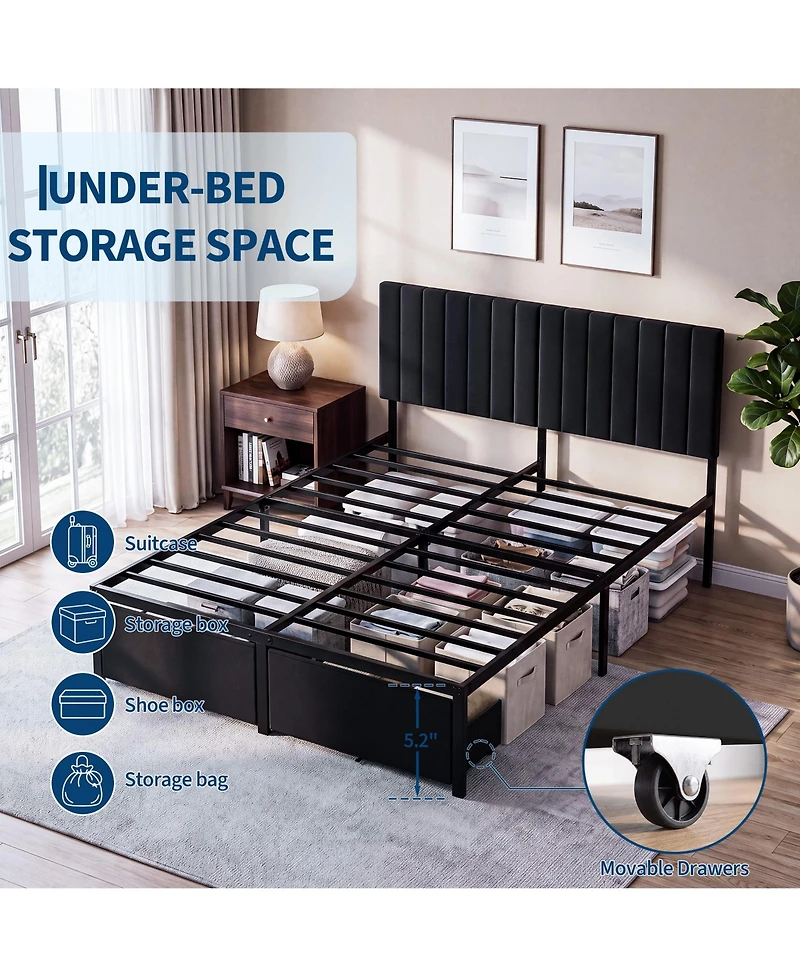 gaomon Modern Bed Frame, Heavy Duty Metal Platform with Upholstered Headboard, Under-bed Storage Drawers
