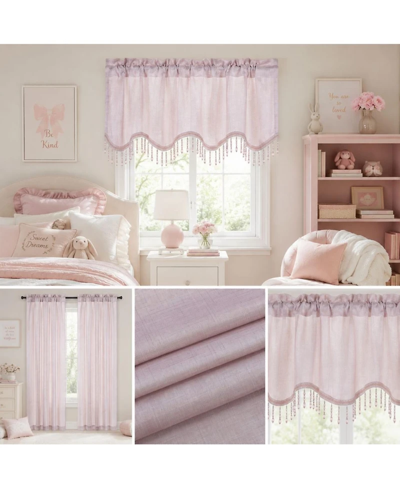 Kate Aurora Gina Complete 4 Piece Rose Pink Metallic Sheer Window Curtains And Beaded Valances Set