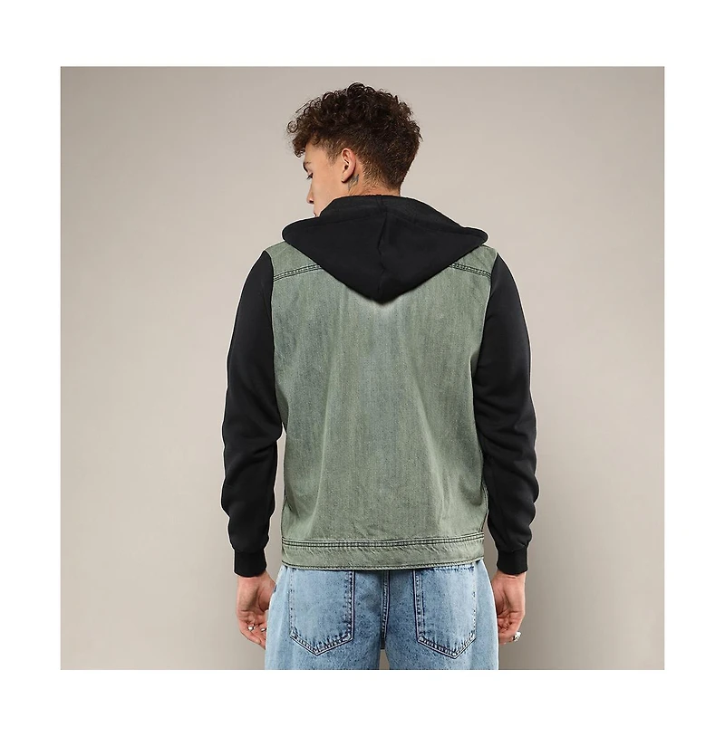 Campus Sutra Men's Light-Wash Hooded Denim Jacket With Sweatshirt-Style Sleeves