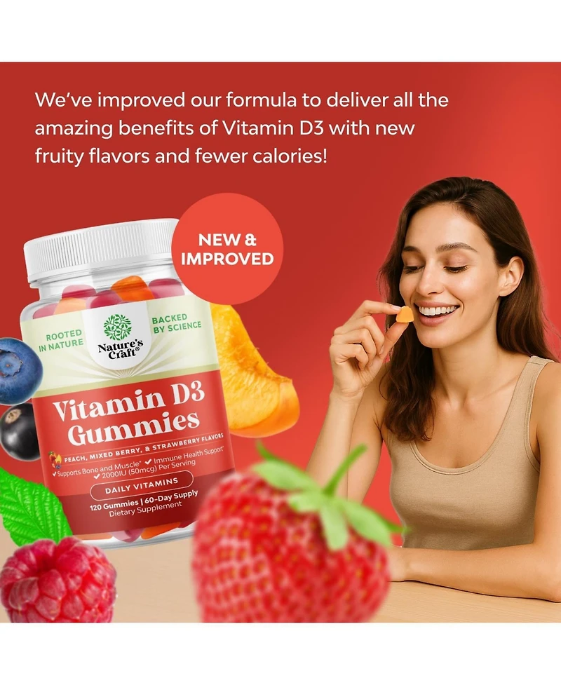 Nature's Craft Vitamin D3 Gummies Vitamin D Gummies for Adults with Vitamin D3 2000IU per Serving Bone Muscle and Immune Support 120 Count