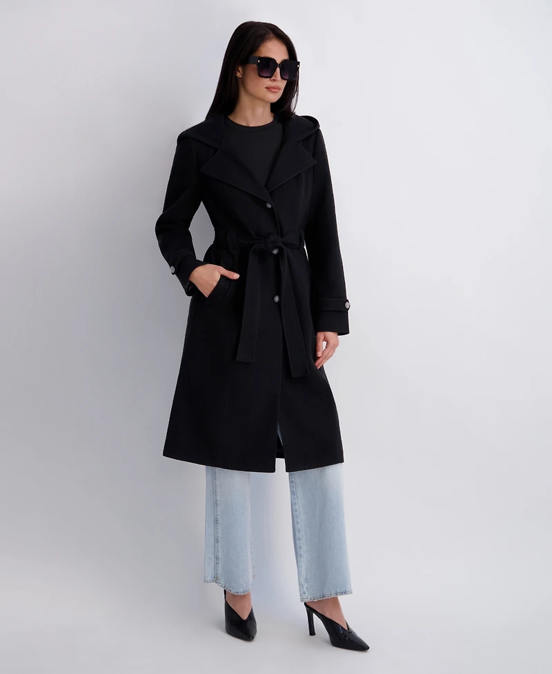 Kensie Women's Hooded Faux Wool Coat With Belt And Button Front