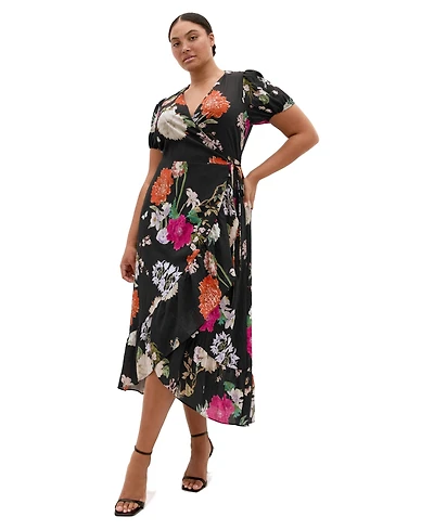 City Chic Plus Belle Floral-Print V-Neck Short-Sleeve Wrap Dress