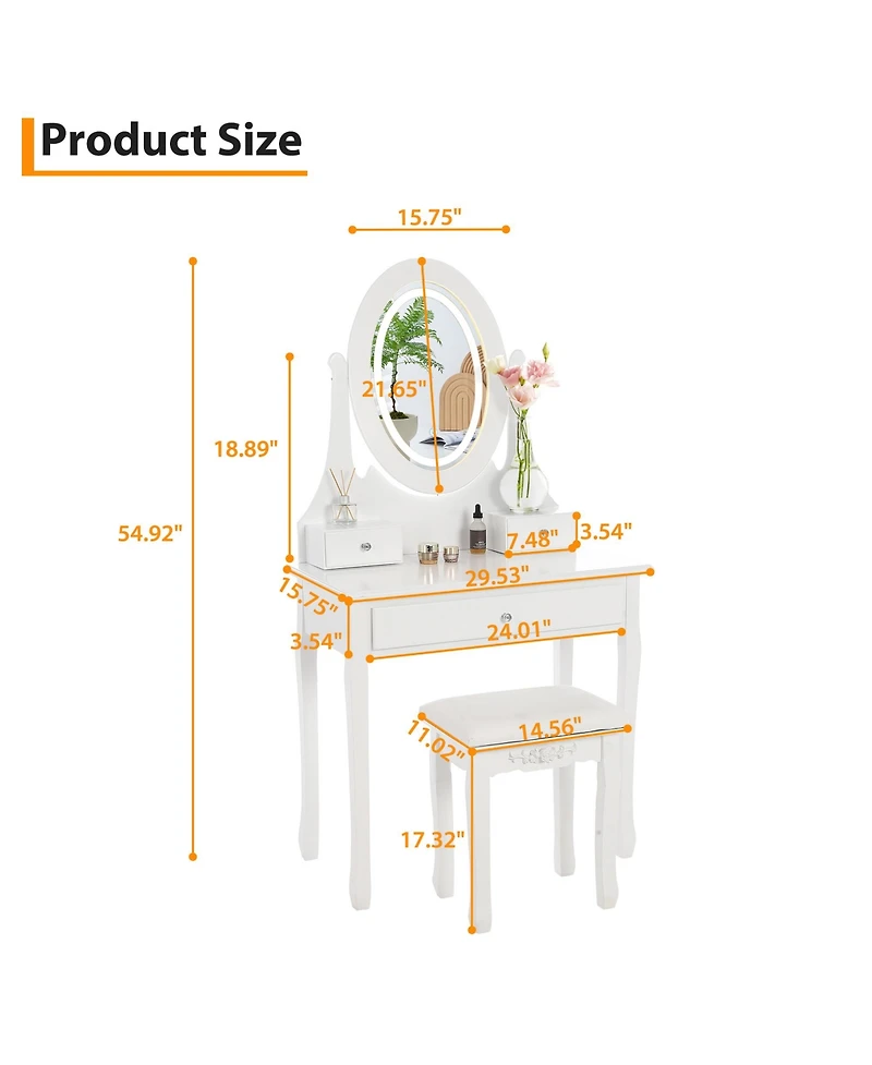 gaomon Vanity Table and Chair Set, Princess Kids Dressing Makeup Desk with Rotating Led Mirror, Cushioned Stool, Storage Drawers