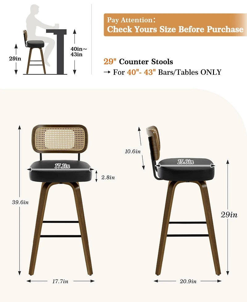 Bekrvio 29" Mid-Century Swivel Bar Height Stools, Rattan Back and Faux Leather Kitchen Stools
