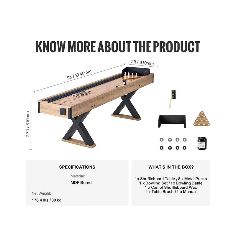 Slickblue 2-in-1 Shuffleboard Table with Bowling Game Set, 9-Foot, Ages 18+