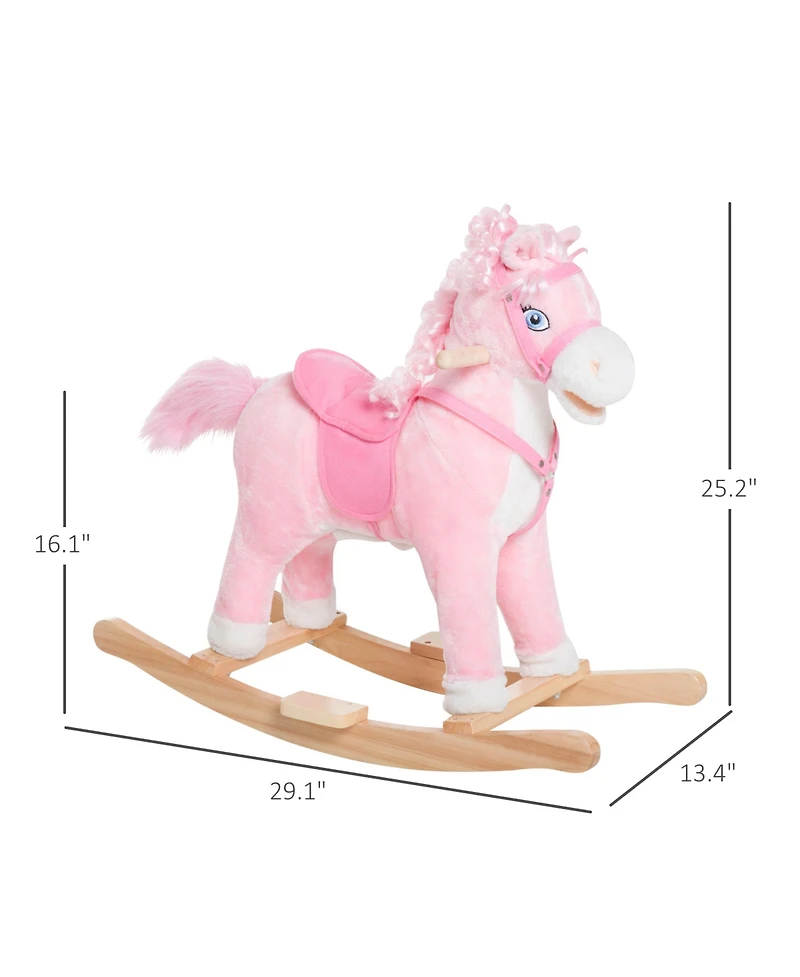 Glintex Kids Ride On Rocking Horse with Realistic Sounds and Swinging Tail, Plush Pony Rocker with Saddle and Footrest for Ages 3 and Up, Pink