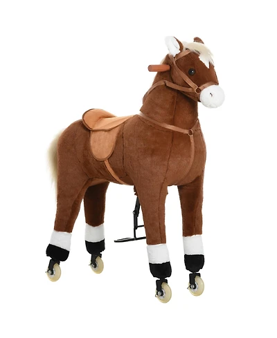 Glintex Ride-On Walking Horse with pedal drive, rolling wheels, steering handlebars, plush pony design, for kids 5-16, supports 130 lbs, Brown.