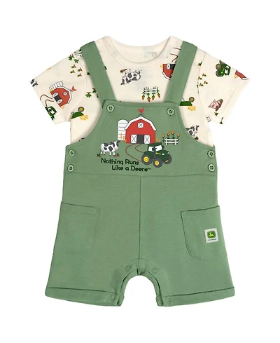 John Deere Baby Boys' Allover Farm-Print Cotton-Blend T-Shirt and Shortalls, 2-Piece Set
