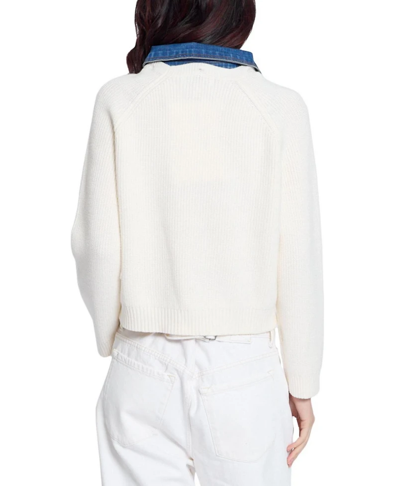 Central Park West Women's Nash Ribbed-Knit Denim Long-Sleeve Sweater