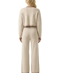 Modenaire Women's Knit Contrast-Trim V-Neck Cropped Cardigan and Wide-Leg Pants, 2-Piece Set