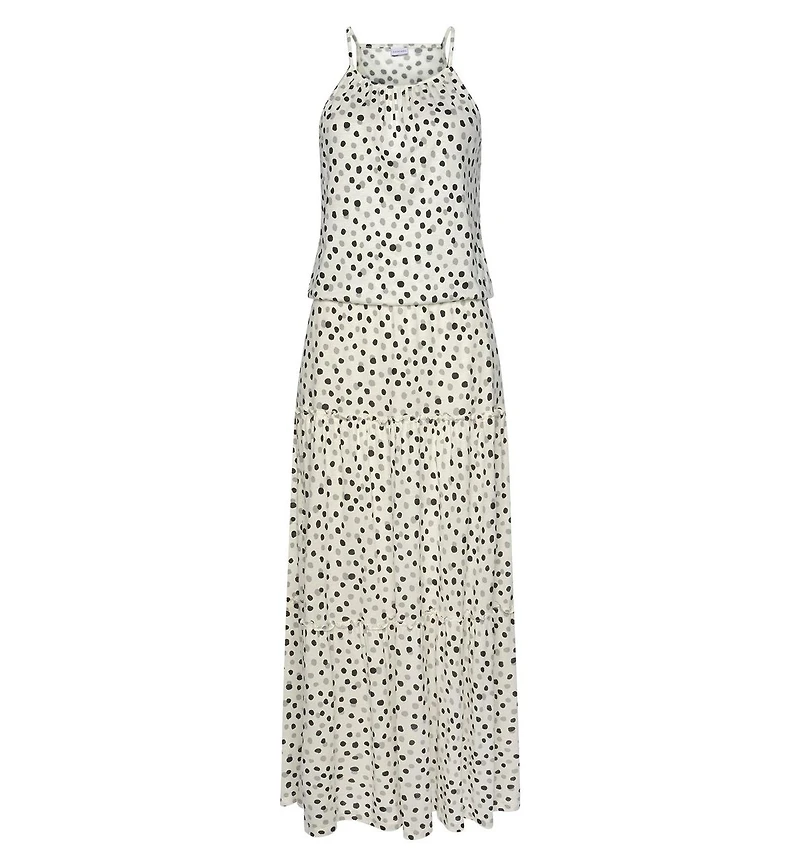 Lascana Women's Viscose Polka-Dot Print High Neck Tiered Maxi Dress