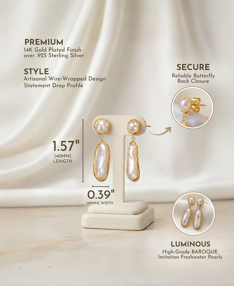 Sterling Silver with 14K Gold Plated and 2 Genuine Freshwater Pearl Dangling Earrings