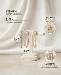 Sterling Silver with 14K Gold Plated and 2 Genuine Freshwater Pearl Dangling Earrings