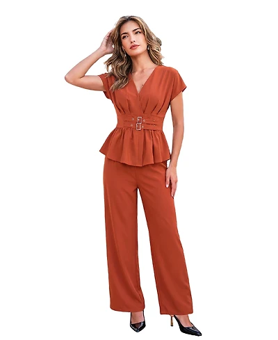 Cupshe Women's Elegant V-Neck Belted Peplum Top and Wide Leg Pants Two-Piece Set