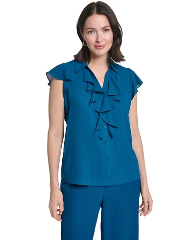 Calvin Klein Women's Short-Sleeve Collared Ruffle-Front Blouse