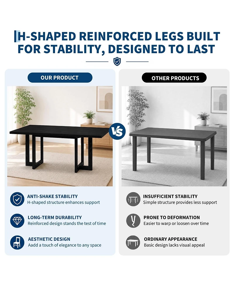 71 Inch Rectangular Dining Table With H Shaped Legs and Thick Wood Grain Top, Seats 6 8 Diners, Farmhouse Style For Kitchen Room