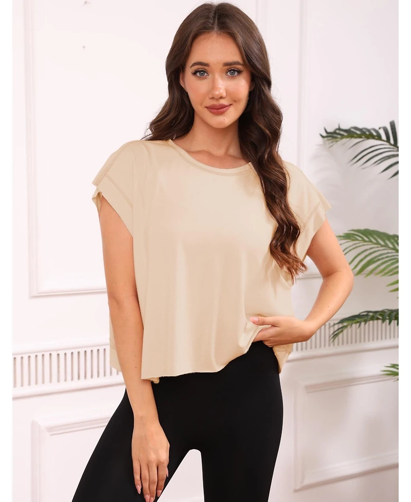Peneyon Women Short Sleeve Crop Workout Tops Open Back Athletic Gym Yoga Tees