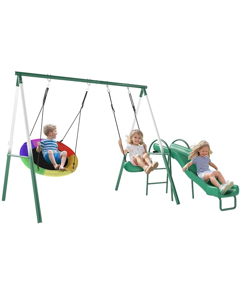Glintex Metal Heavy-Duty A-Frame Swing Set with Slide and Saucer Swing, Adjustable Ropes, For 3 Children, Ages 3+