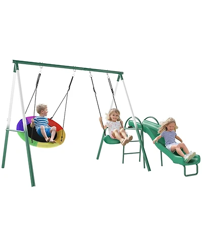 Glintex Metal Heavy-Duty A-Frame Swing Set with Slide and Saucer Swing, Adjustable Ropes, For 3 Children, Ages 3+