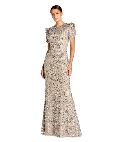 Mac Duggal Women's High-Neck Short-Sleeve Sequin Gown