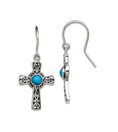 Curata Jewelry 925 Sterling Silver Antiqued Simulated Turquoise Cross Hook Dangle Earrings 33x16mm