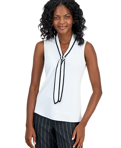 Kasper Women's Contrast Tie-Neck Sleeveless Blouse
