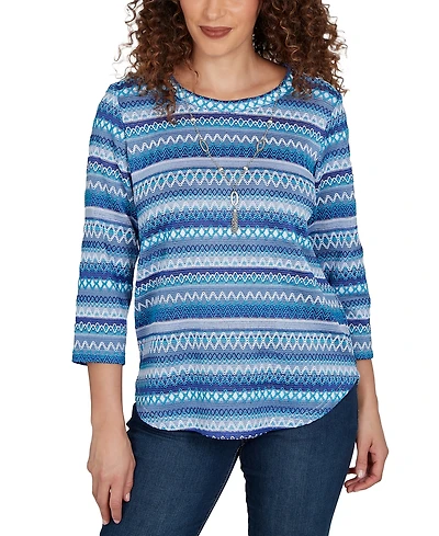 Alfred Dunner Petite Classic Textured Stripe Knit Top With Necklace