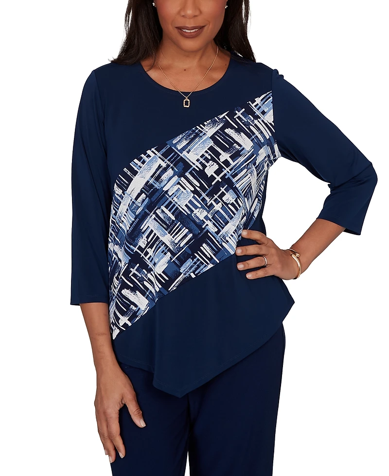 Alfred Dunner Petite Etched Plaid Diagonal Puff Printed Top