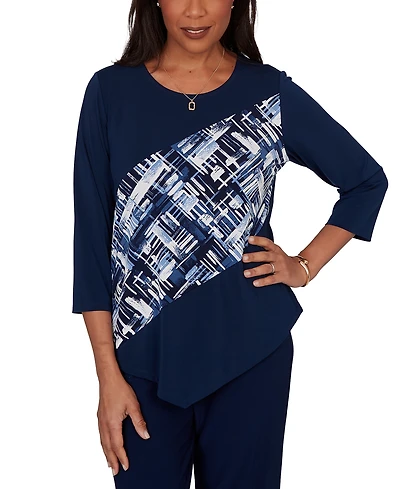Alfred Dunner Petite Etched Plaid Diagonal Puff Printed Top